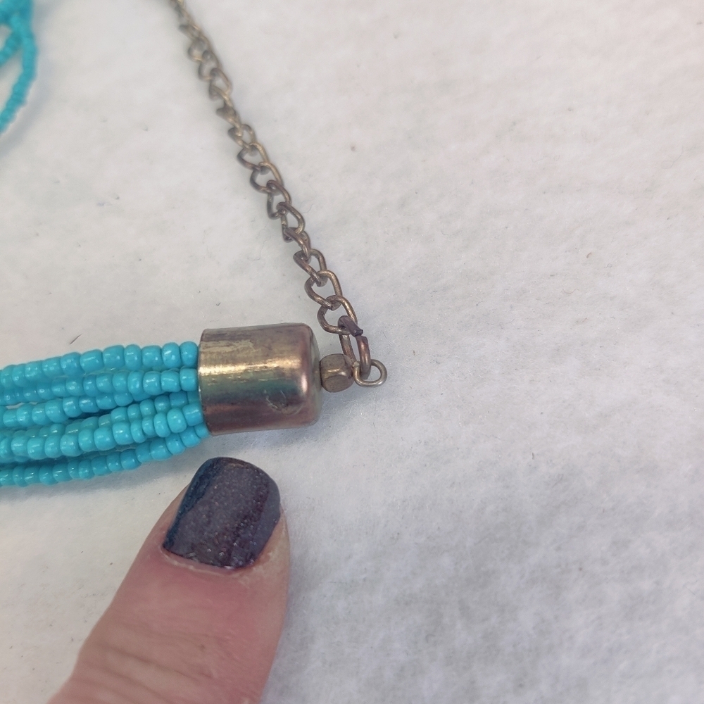 Long Multi Strand Turquoise Blue Glass Bead Necklace w/ Metallic Accents - Picture 7 of 9